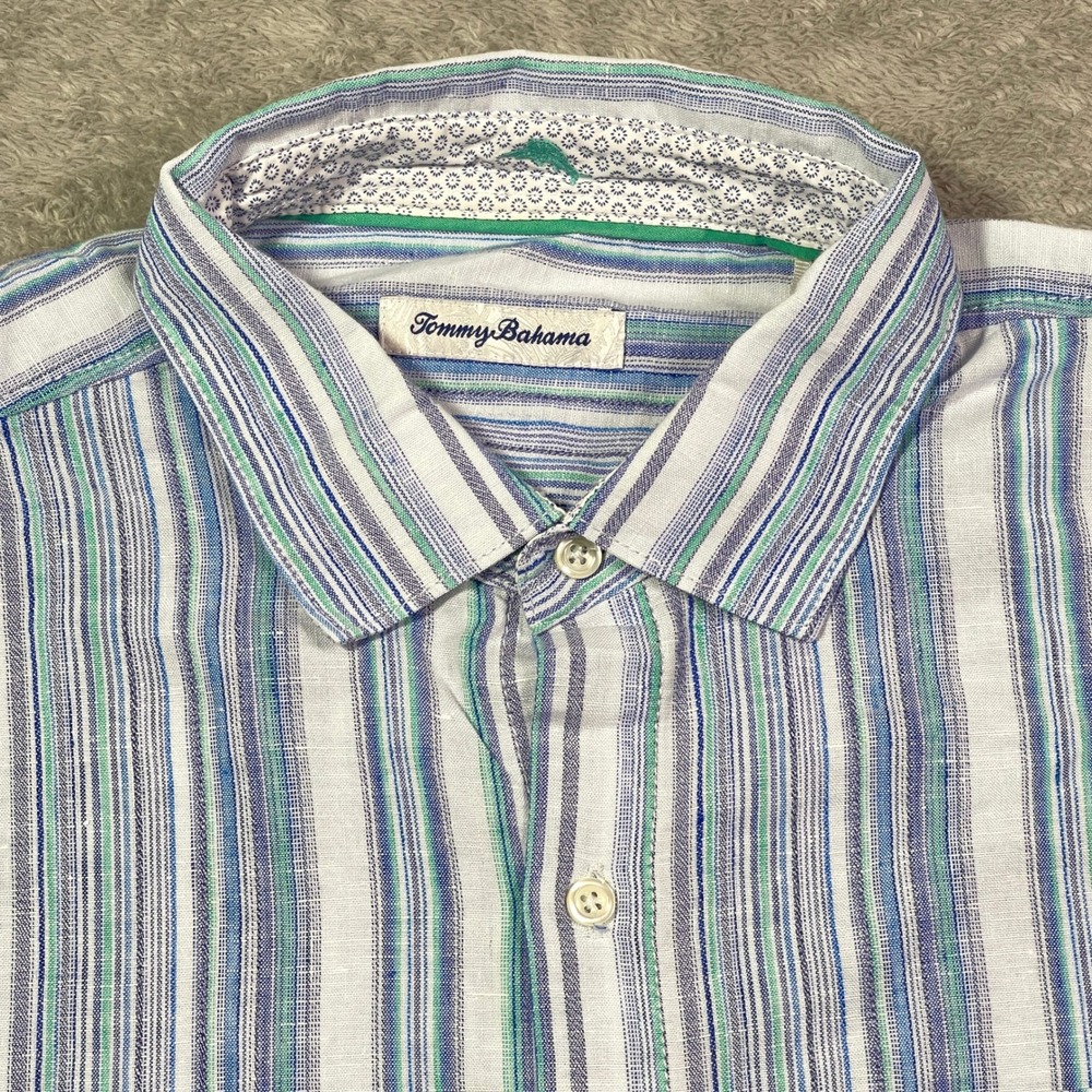 Tommy Bahama Men's Large Striped Linen Blend‎ Button Up Shirt Casual Blue White